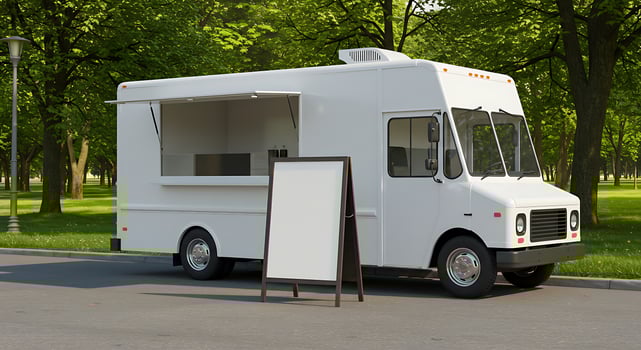 A white food truck parked on the side of the road photo