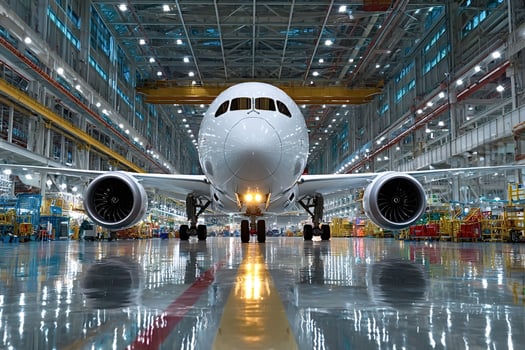 Majestic airplane in expansive industrial hangar photo