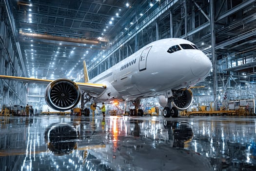 Brand new airplane undergoing maintenance in hangar photo