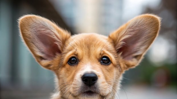 A cute Corgi puppy with large ears looks curiously at the camera, showcasing its playful and charming expression in a blurred outdoor setting. photo