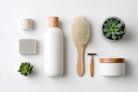 White bathroom products and plants on white background photo