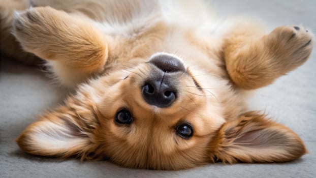 A playful corgi puppy lies on its back with its paws in the air, displaying a cute and friendly demeanor. photo