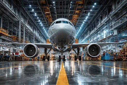 Modern passenger airplane undergoing maintenance in hangar photo