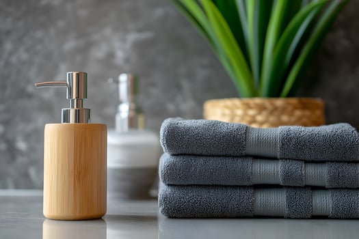 Bamboo soap dispenser and towels in bathroom photo