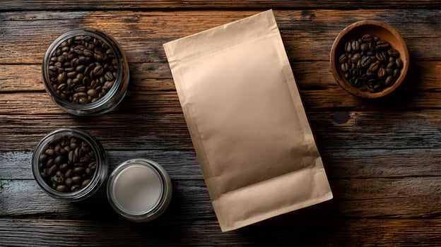 Kraft paper pouch with coffee beans in glass jars and wooden bowl photo
