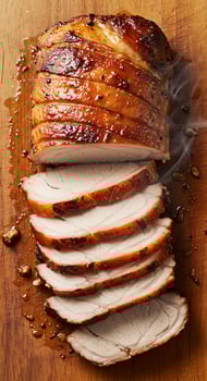 Sliced pork on a wooden cutting board with smoke photo