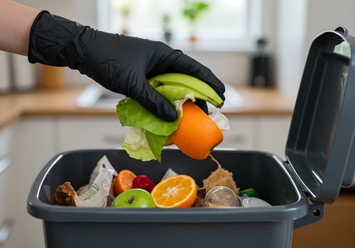A person wearing gloves and black gloves is putting food into a garbage can photo