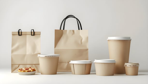 A clean, minimalist flat lay composition of eco-friendly food delivery packaging, including containers and a brown paper bag. photo