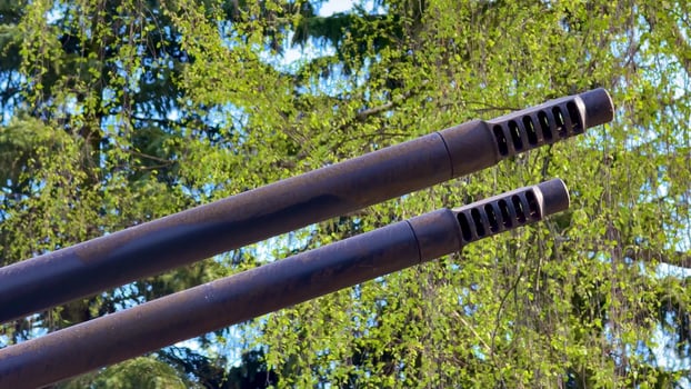 A closeup shot of two black tube barrels set against a beautiful and vibrant nature background photo