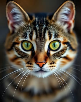 Macro Shot of a domestic Cat Head, Blurred background Animal Portrait, Pet Photo, Stripes feline Mammal Cute kitty fur texture green eyes, Close-up Photography, Soft-focus detailed image 2 photo