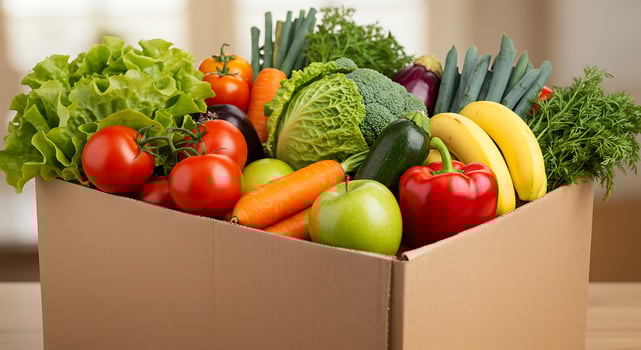 A box filled with fresh vegetables and fruits photo