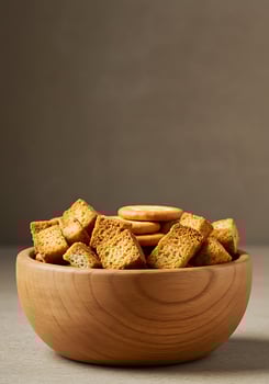A wooden bowl filled with crackers and cheese photo