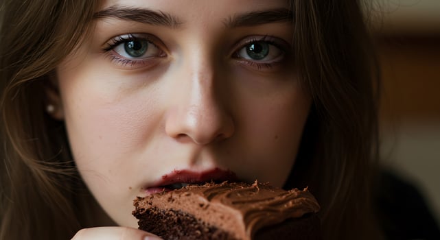 A woman eating a piece of chocolate cake photo