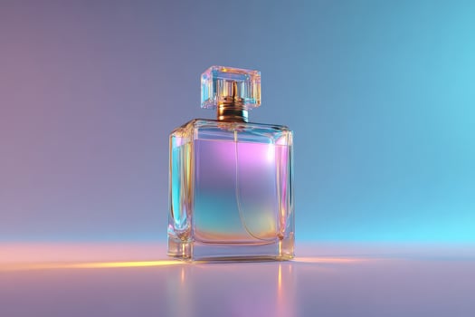 Glowing perfume bottle radiating elegance against a soft gradient backdrop with gentle hues of purple and blue light photo