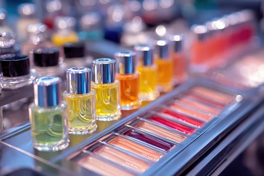 Beauty testers displayed on a cosmetics counter at a retail store during the day photo