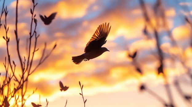 Dark bird soaring through a pastel autumn sky with golden light illuminating high clouds photo