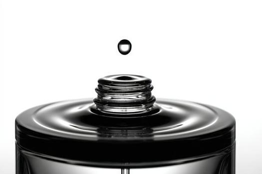 Single drop of fragrance hovers gracefully above the sleek perfume bottle on a bright surface capturing elegance and allure photo