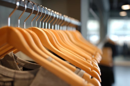 Empty wooden hangers display neatly on a retail rack in a modern clothing store awaiting new arrivals photo