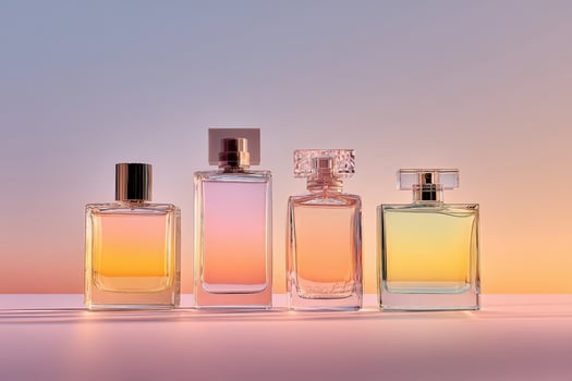 Elegant minimalist perfume bottles in varying heights showcase a gradient of pastel colors at sunset photo
