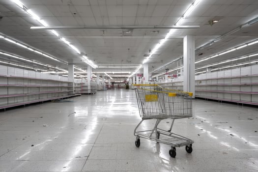 Shopping cart abandoned in the center of an empty retail aisle with shelves devoid of products photo