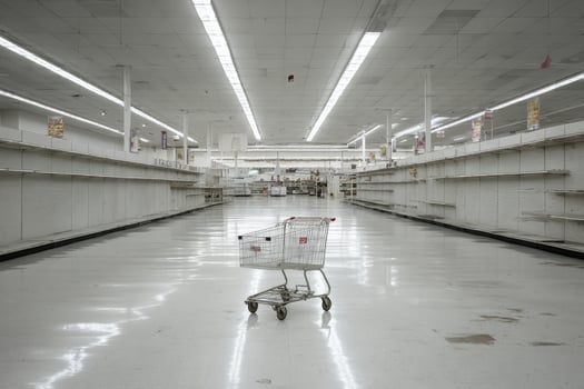Shopping cart abandoned in an empty store aisle with shelves devoid of products during shopping hours photo