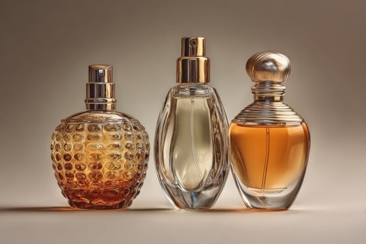 Different shaped perfume bottles arranged elegantly on a neutral background showcasing their unique designs and textures photo