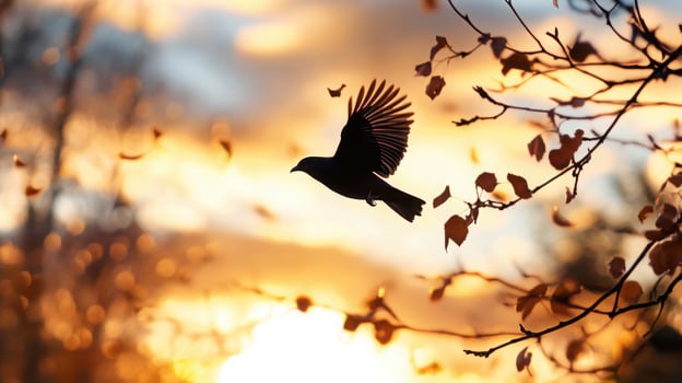 A solitary bird soars through a pastel autumn sky with high clouds and thin branches framing the scene photo