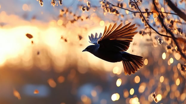 Solitary dark bird gliding across a pastel autumn sky with golden light and high clouds photo