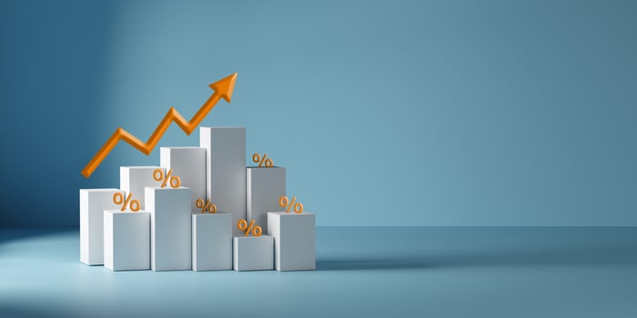 3D render of white bar graph with orange upward arrow and percentage signs on blue background, symbolizing financial growth, interest rates, market success, and economic trends. photo