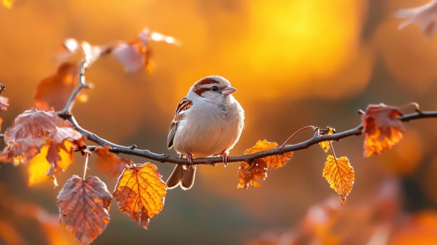 Close-up of a sparrow resting on a thin branch with orange leaves, with blurred forest background and warm side light photo