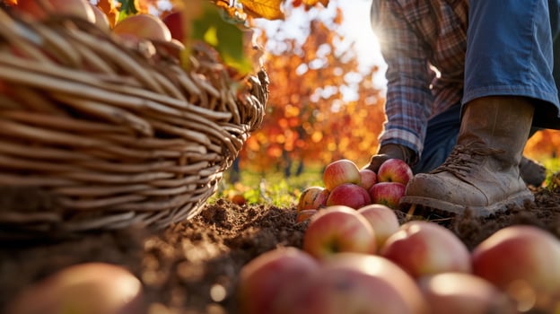 Person in flannel shirt kneeling beside basket full of apples in orchard with vibrant foliage photo