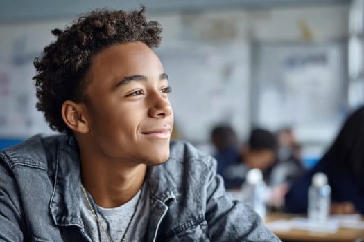 Confident black teen embraces individuality in puzzle-filled classroom setting photo