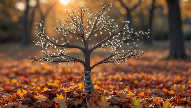 Small Decorated Tree on Fallen Autumn Leaves at Sunset photo