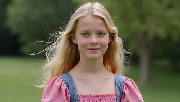 Summer Portrait of Blonde Teen Girl in Retro 80s Dress photo