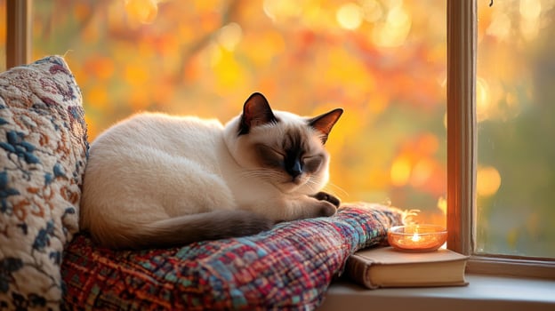 Siamese cat lounging on a window seat with a plaid and cushion, highlighted by soft candlelight, with blurred amber-toned trees outside photo