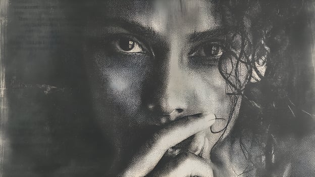 Mysterious woman hiding her mouth with hand in halftone effect portrait photo