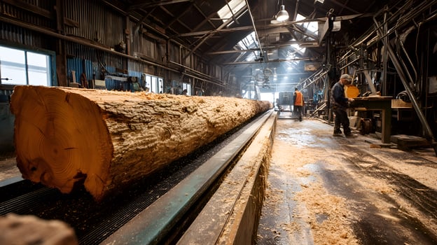 Log processing in a timber mill photo