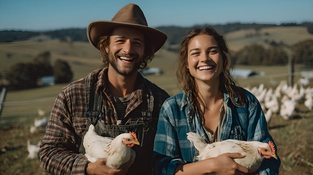 Happy farmers holding chickens in free range farm photo