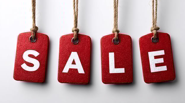 Visually Engaging Red Hanging Tags Spelling Sale on a Pure White Backdrop photo