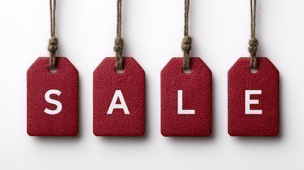 Four Bold Red Tags Hanging Against a Crisp White Background Featuring Sale Letters photo