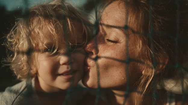 Playful Mother and Son Sharing a Loving Kiss Over Tennis Net photo