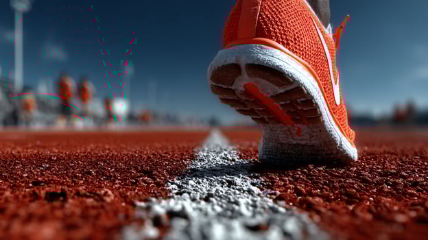 Close-Up View of a Runner's Colorful Shoes on Vibrant Red Track photo