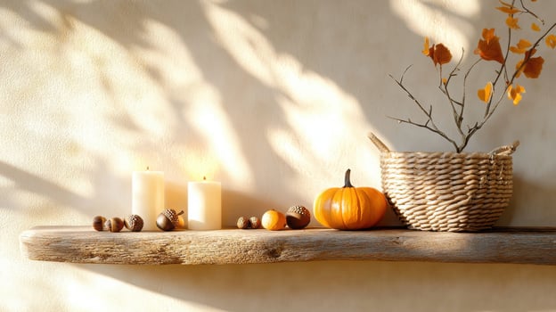 Rustic wooden shelf adorned with candles, acorns, and mini pumpkins, bathed in warm sunlight, perfect for fall-themed designs photo