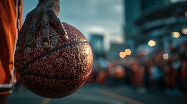 Close Up of a Talented Basketball Player Holding a Vibrant Orange Basketball photo