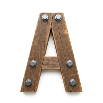 Rustic wooden letter A with metallic bolts on white background for creative designs photo
