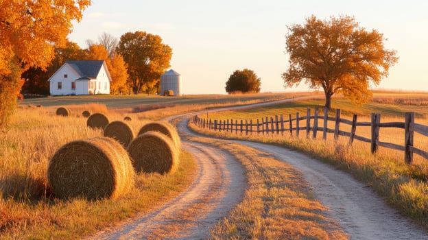 A picturesque autumn scene with a dirt road winding through harvested fields, hay bales, farmhouse, and trees with orange foliage photo