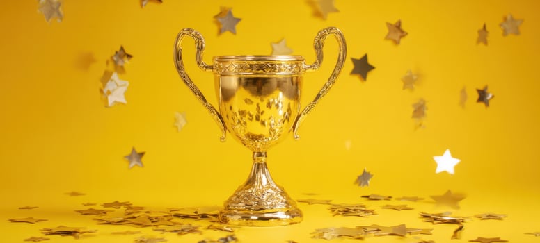 The gleaming trophy surrounded by festive stars and confetti. photo