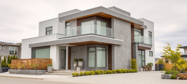The elegant modern house with stylish balcony and landscaped surroundings. photo