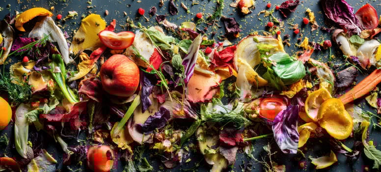 The colorful arrangement of fresh fruits and vegetables on a dark background photo