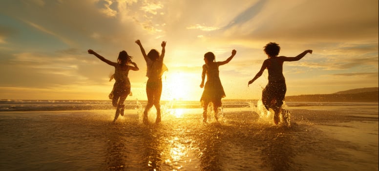 The joyful friends running along the beach during a vibrant sunset photo